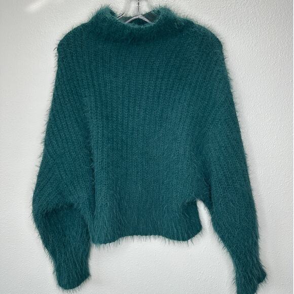Express Green Fuzzy Long Sleeve Mock Neck Crop Sweater XS - Picture 2 of 13